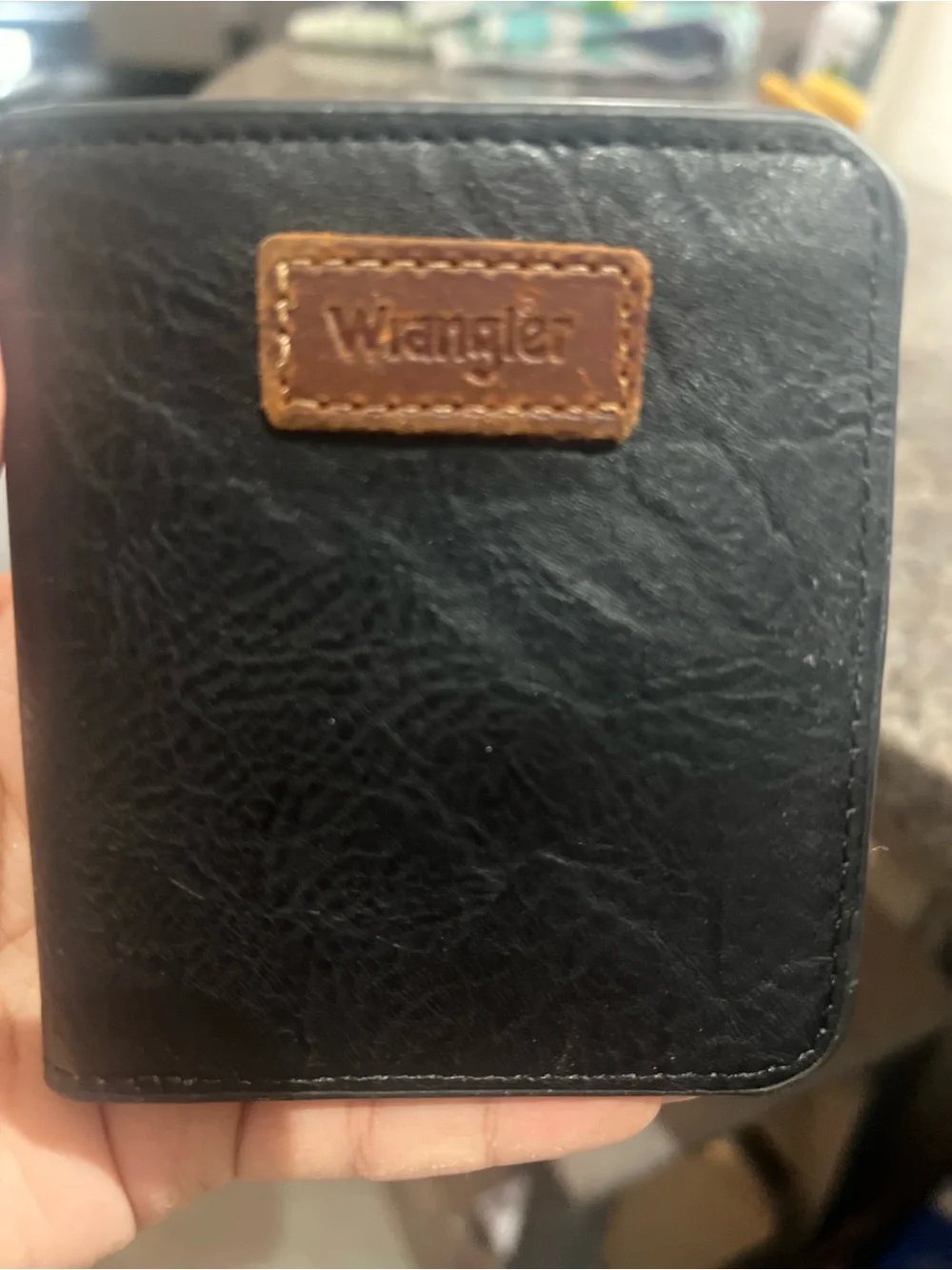 Wrangler Black Wallet with Brown Leather Logo Patch